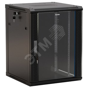 Шкаф настенный 19-дюймовый 6U 367x600х450мм стеклянная дверь с перфорацией по бокам ручка с замком черный (RAL 9004) (разобранный) TWB-0645-GP-RAL9004 Hyperline